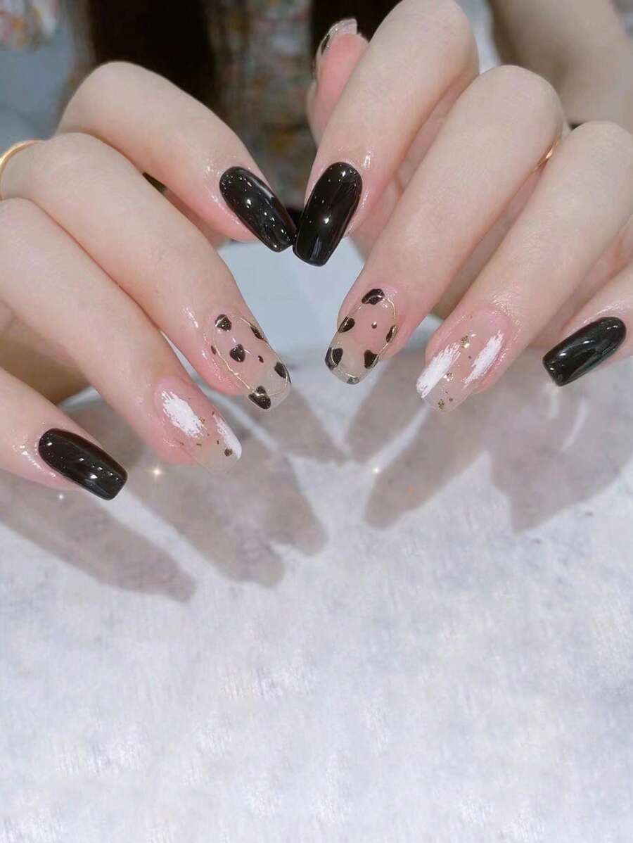 提升你風格帶24入組長款棺材Love撞色金蔥粉愛心圖案假指甲和1入組指甲銼和1張膠帶 - 彩色 - 查看 1