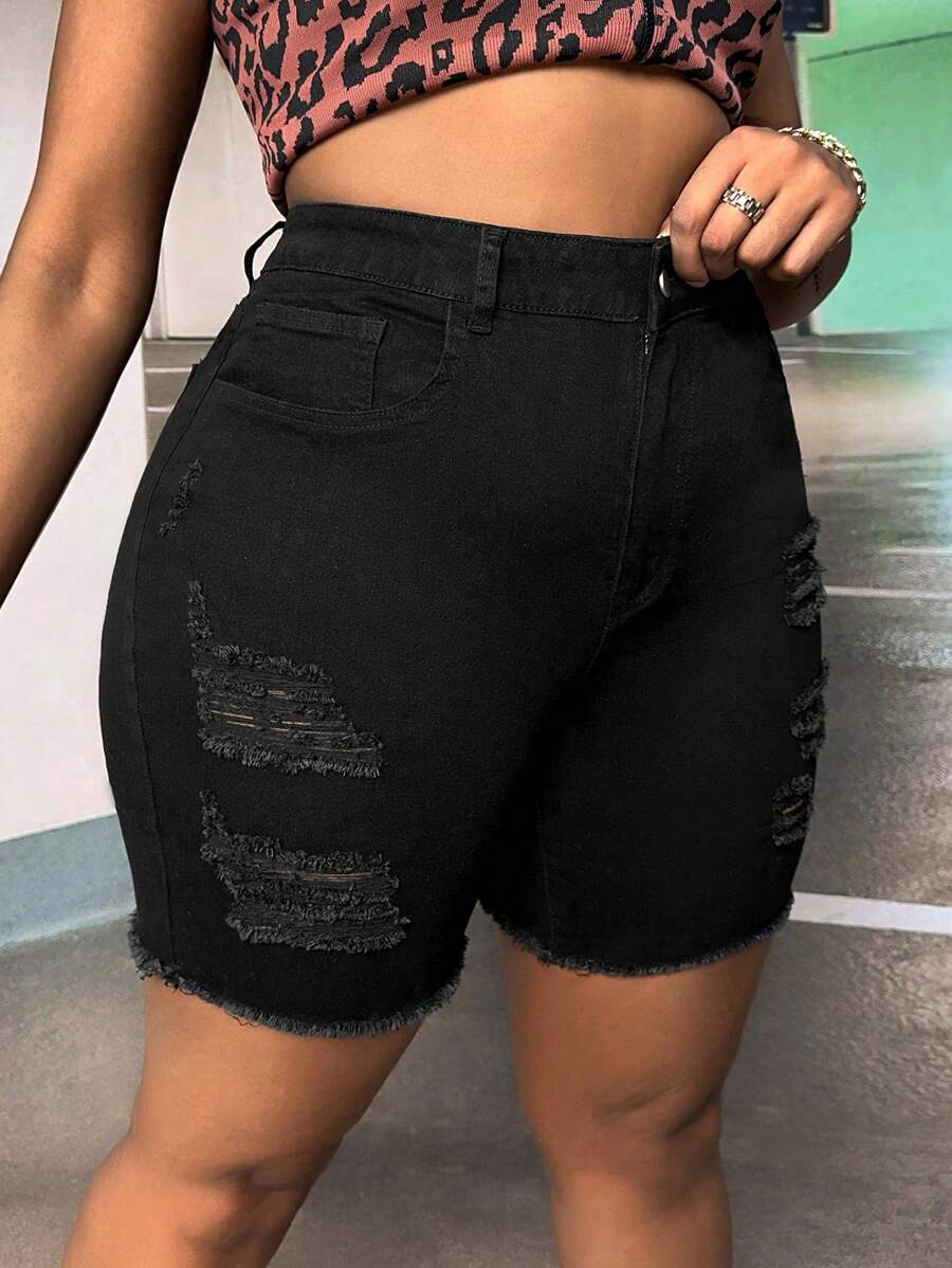 SHEIN SXY Shorts mezclilla desgarro bajo crudo - Negro - Ver 1