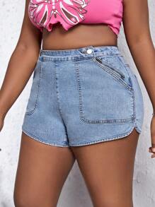 SHEIN EZwear Quần short denim oversized Nút Túi Dây kéo màu trơn - Rửa nhẹ - Xem 1