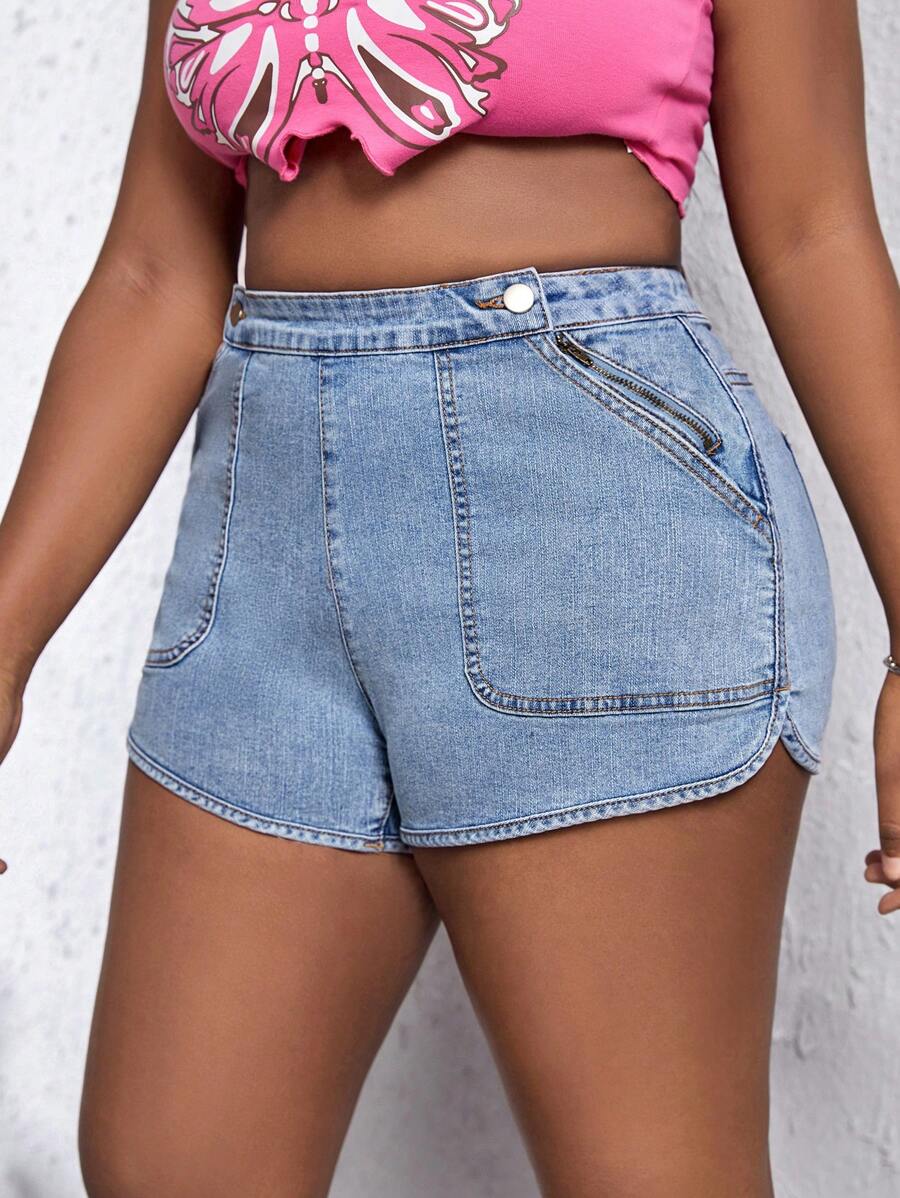 SHEIN EZwear Quần short denim oversized Nút Túi Dây kéo màu trơn - Rửa nhẹ - Xem 1