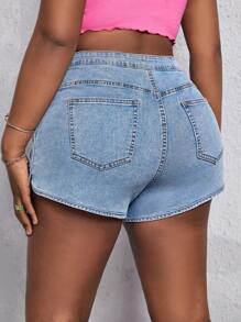 SHEIN EZwear Quần short denim oversized Nút Túi Dây kéo màu trơn - Rửa nhẹ - Xem 2