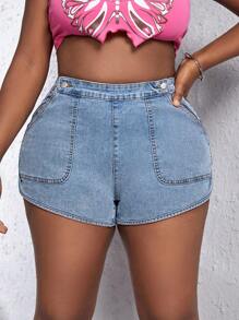 SHEIN EZwear Quần short denim oversized Nút Túi Dây kéo màu trơn - Rửa nhẹ - Xem 5