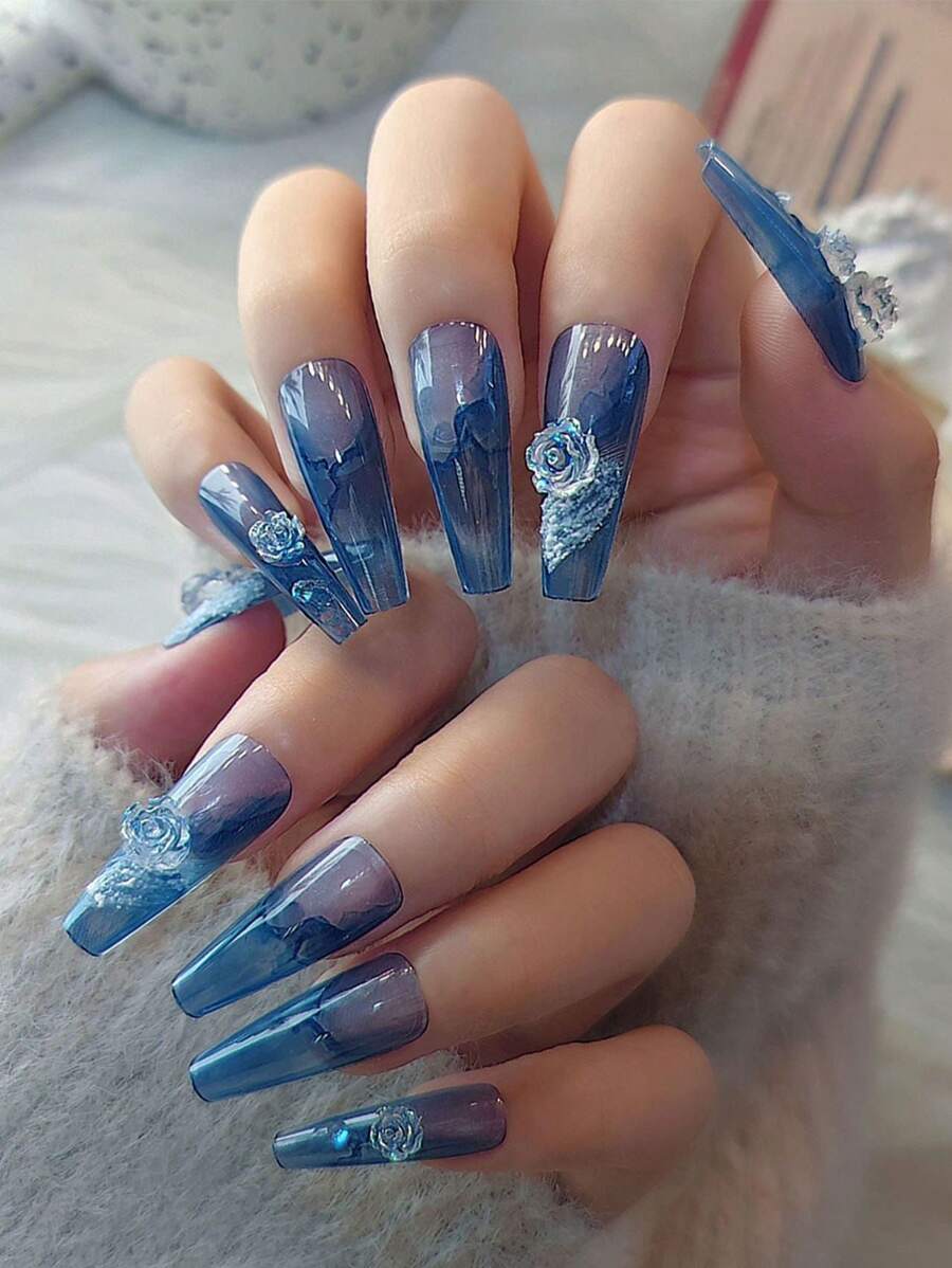 提升你風格帶24入組超長棺材3D花朵裝飾大理石紋樣式透明假指甲和1入組指甲銼和1張膠帶 - 彩色 - 查看 1