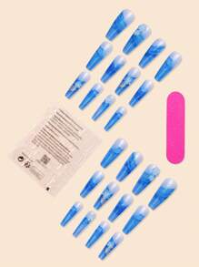 提升你風格帶24入組超長棺材3D花朵裝飾大理石紋樣式透明假指甲和1入組指甲銼和1張膠帶 - 彩色 - 查看 2