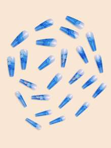 提升你風格帶24入組超長棺材3D花朵裝飾大理石紋樣式透明假指甲和1入組指甲銼和1張膠帶 - 彩色 - 查看 3