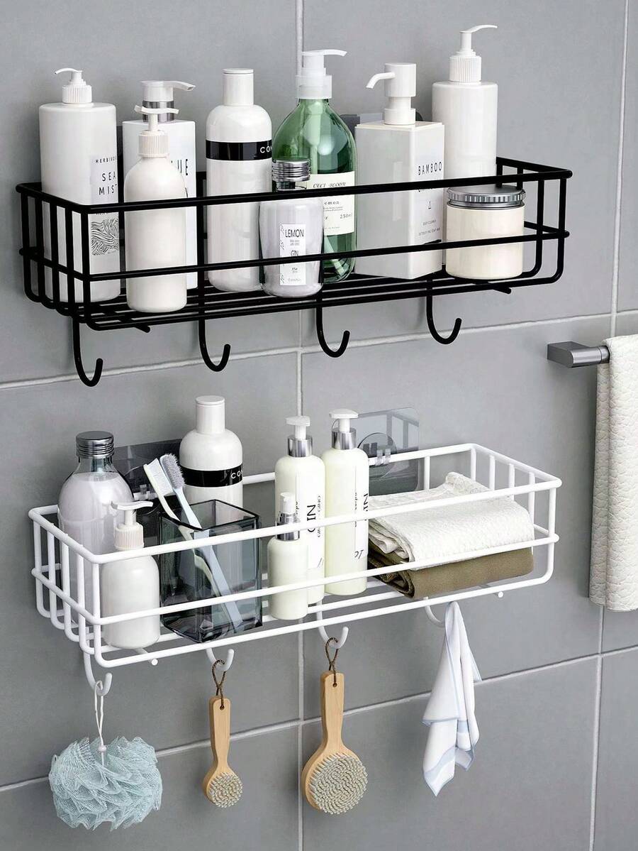 1pc Wall Mounted Bathroom Storage Rack - Black - View 1