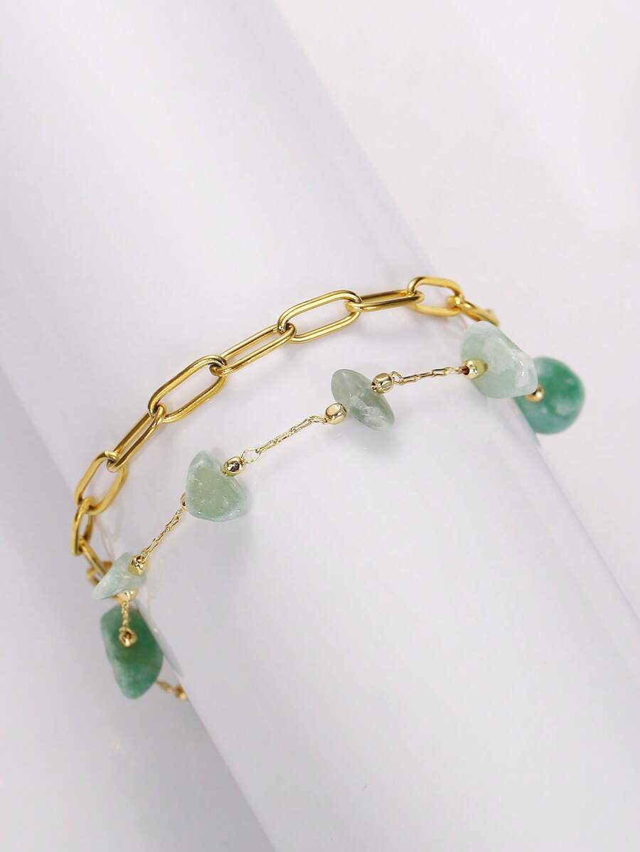 1pc Bohemian Beach Style Fashionable & Versatile Double-Layered Green Asymmetrical Stone Stainless Steel Bracelet (Stone Size Vary) - Multicolor - View 1