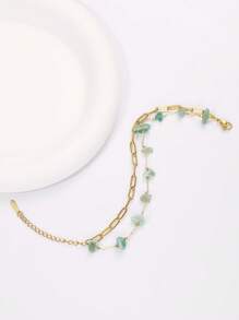 1pc Bohemian Beach Style Fashionable & Versatile Double-Layered Green Asymmetrical Stone Stainless Steel Bracelet (Stone Size Vary) - Multicolor - View 2