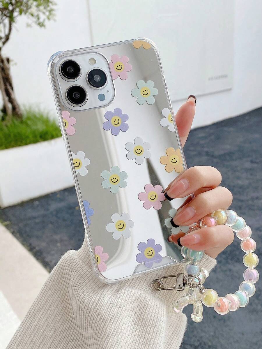 Funda de espejo para teléfono con estampado floral y flor con colgante para teléfono - Multicolor - Ver 1