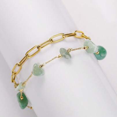 1 stuk Boheemse strandstijl modieuze en veelzijdige dubbellaagse groene asymmetrische stenen roestvrijstalen armband (steengrootte varieert)