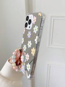 Funda de espejo para teléfono con estampado floral y flor con colgante para teléfono - Multicolor - Ver 3