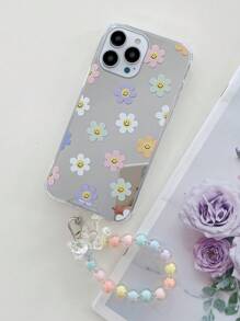 Funda de espejo para teléfono con estampado floral y flor con colgante para teléfono - Multicolor - Ver 4