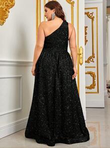 大碼單肩高衩亮片正式連衣裙 - 黑色 - 查看 2