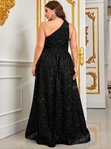 Plus Asymmetrical Neck Split Thigh Sequin Formal Dress Black Elegant Prom Evening Wedding Guest Gown, For Graduation, Dinner Party Dress