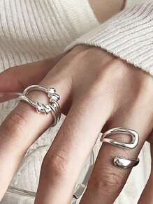 2 枚黃銅簡約互鎖開口戒指,空心幾何交叉線設計,適合女士日常佩戴 - 銀色 - 查看 7