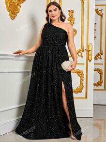 Plus Asymmetrical Neck Split Thigh Sequin Formal Dress Black Elegant Prom Evening Wedding Guest Gown, For Graduation, Dinner Party Dress