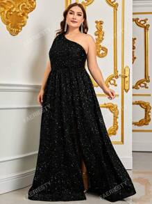 Plus Asymmetrical Neck Split Thigh Sequin Formal Dress Black Elegant Prom Evening Wedding Guest Gown, For Graduation, Dinner Party Dress