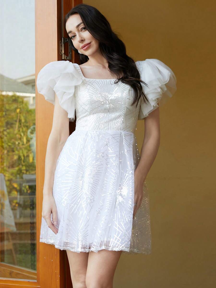 Missord 網紗拼接荷葉邊亮片裝飾洋裝 - 白色 - 查看 1