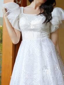 Missord 網紗拼接荷葉邊亮片裝飾洋裝 - 白色 - 查看 3