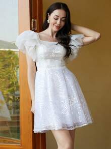 Missord 網紗拼接荷葉邊亮片裝飾洋裝 - 白色 - 查看 6