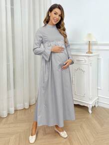 Vestido premamá con cuello mao, mangas con volantes y ribete de volantes - Gris - Ver 1