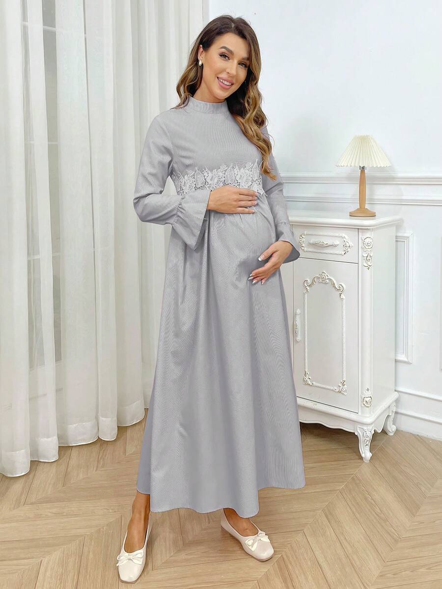 Vestido premamá con cuello mao, mangas con volantes y ribete de volantes - Gris - Ver 1