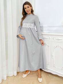 Vestido premamá con cuello mao, mangas con volantes y ribete de volantes - Gris - Ver 4