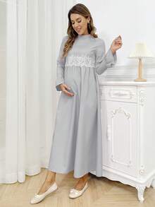 Vestido premamá con cuello mao, mangas con volantes y ribete de volantes - Gris - Ver 5