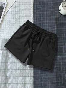 Manfinity Homme Men Plus Drawstring Waist Slant Pocket Shorts Sweat Plain Black Size - Black - View 4