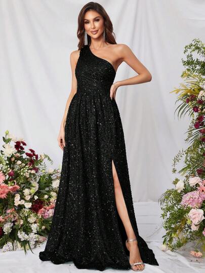 Faeriesty Elegant Sequin Asymmetrical Neck Slit Dress With Dramatic Floor-Length Hem | Luxury Evening Look For Galas, Weddings Or Black-Tie Events Party Dress Wedding Guest Dress Formal Dress,Gown