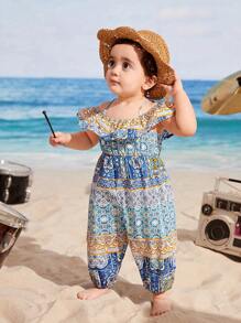 SHEIN 嬰兒印花挖肩荷葉邊連身褲 - 彩色 - 查看 1