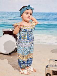 SHEIN 嬰兒印花挖肩荷葉邊連身褲 - 彩色 - 查看 3