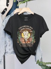 SHEIN LUNE Camiseta cactus con con estampado de slogan - Gris Oscuro - Ver 1