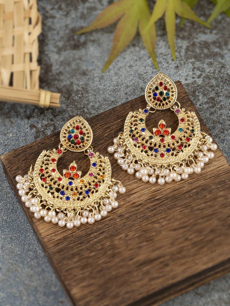 1對歐美時尚多色假珍珠流蘇耳環 - 彩色 - 查看 1