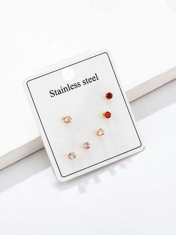 3pairs/set Fashionable Women's Micro Inlaid Cubic Zirconia Round Stainless Steel Multiple Ear Piercing Stud Earring Set