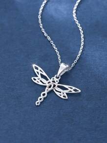 1入組獨特鏤空編織蜻蜓心雙色銀吊墜完美禮品適用於女性日期 - 銀色 - 查看 2