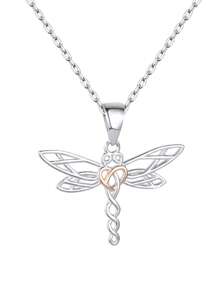 1入組獨特鏤空編織蜻蜓心雙色銀吊墜完美禮品適用於女性日期 - 銀色 - 查看 4