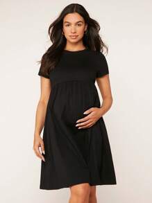 SHEIN Maternity  Solid A-Line Dress - Black - View 3