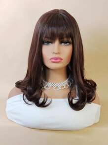 Tóc giả tổng hợp xoăn trung bình có tóc mái - màu nâu - Xem 1