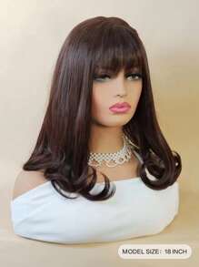 Tóc giả tổng hợp xoăn trung bình có tóc mái - màu nâu - Xem 3