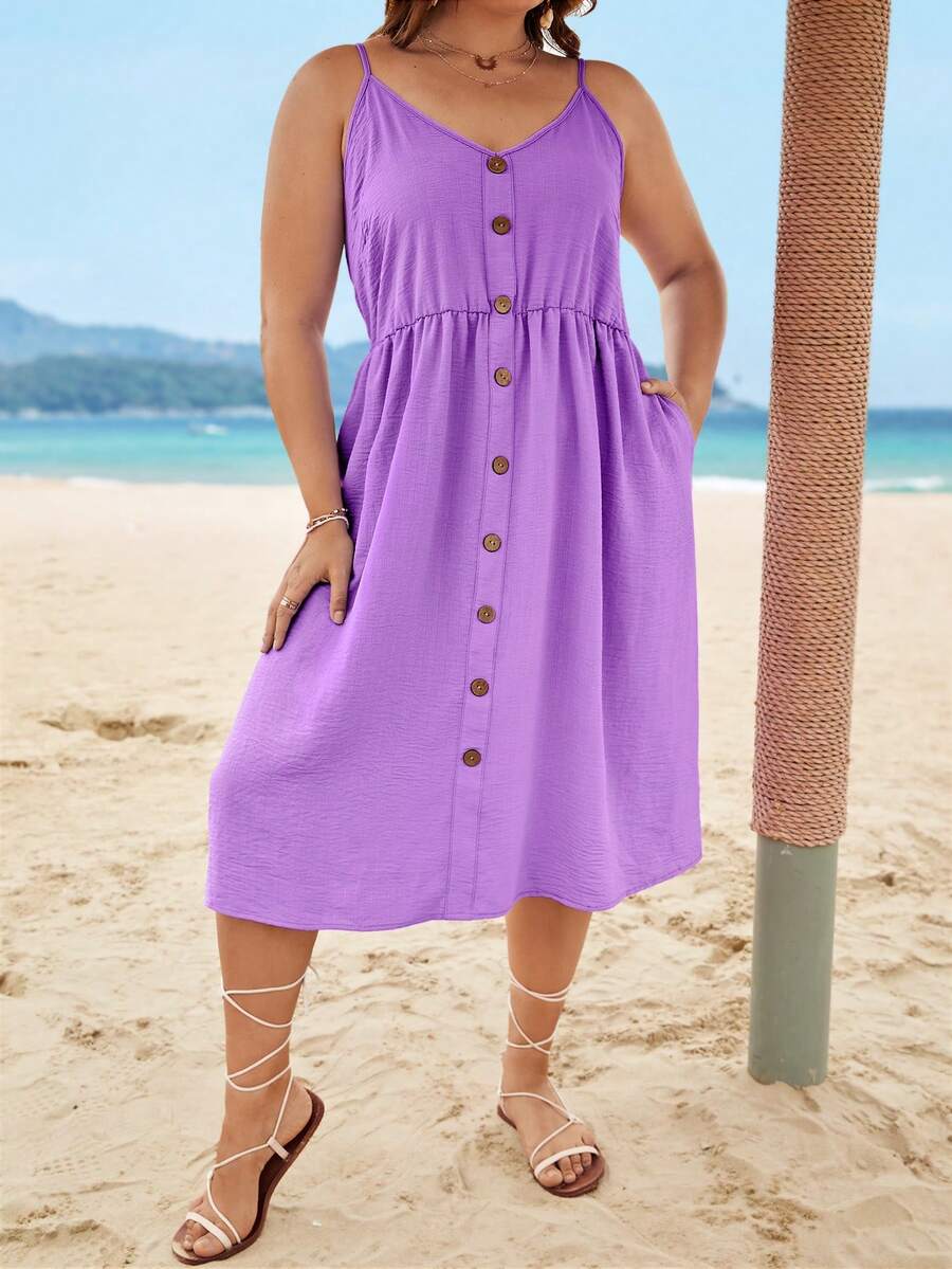 SHEIN VCAY 大碼前紐扣吊帶洋裝 - 紫色 - 查看 1
