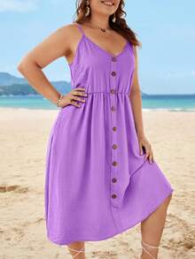 SHEIN VCAY 大碼前紐扣吊帶洋裝 - 紫色 - 查看 3
