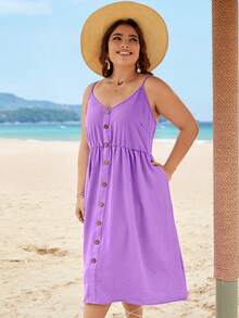 SHEIN VCAY 大碼前紐扣吊帶洋裝 - 紫色 - 查看 6