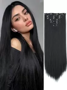 7pcs Clip Long Straight Synthetic Hair Extension - Black - View 1