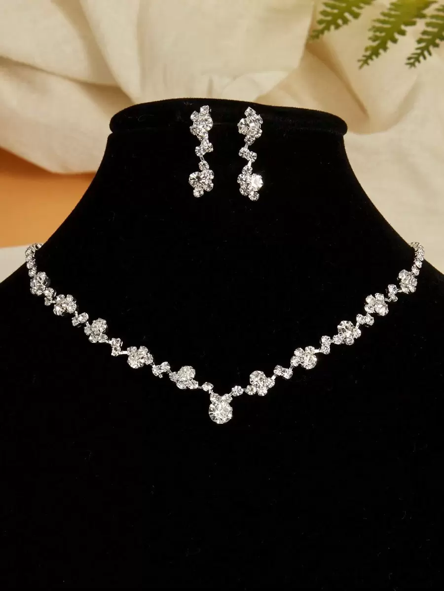 Set de 3 piezas de joyería nupcial de aleación y cristal, conjunto de joyería sencilla - Plateado - Ver 1