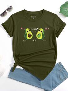 SHEIN LUNE Cartoon Avocado And Slogan Graphic Tee - Army Green - View 1