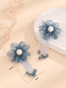 1雙時尚花和釘珠流蘇耳墜適合女士日常裝飾 - 藍色 - 查看 3