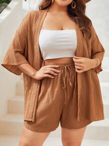 SHEIN VCAY Bộ thời trang Plus Size Dây kéo Thắt nút màu trơn Giải trí - màu nâu - Xem 3