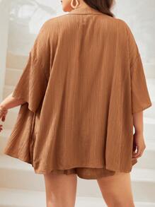 SHEIN VCAY Bộ thời trang Plus Size Dây kéo Thắt nút màu trơn Giải trí - màu nâu - Xem 2