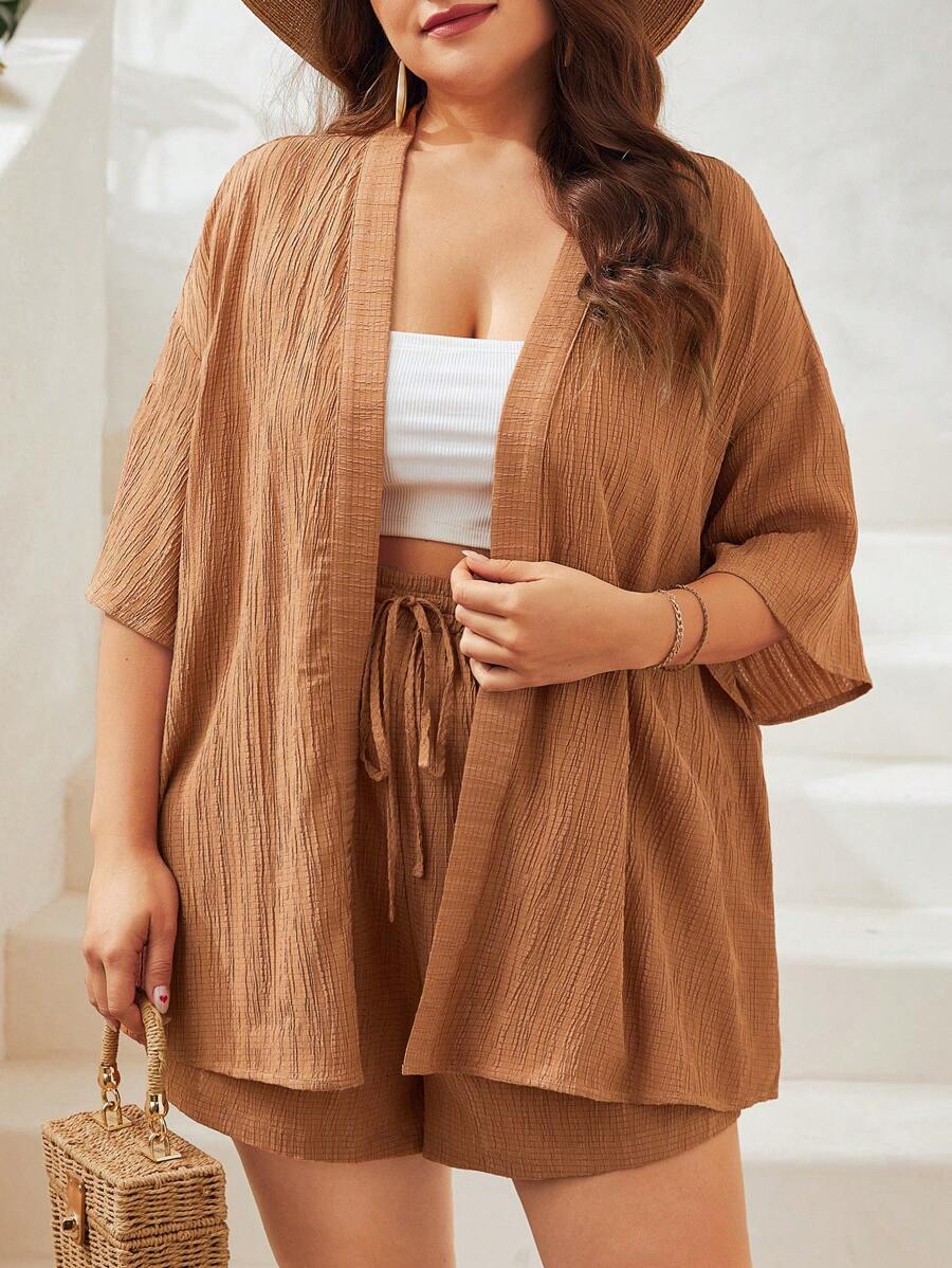 SHEIN VCAY Bộ thời trang Plus Size Dây kéo Thắt nút màu trơn Giải trí - màu nâu - Xem 1